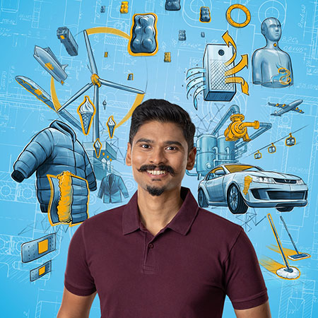 A man smiling into the camera, wearing a dark red shirt, in front of a blue background with various graphics