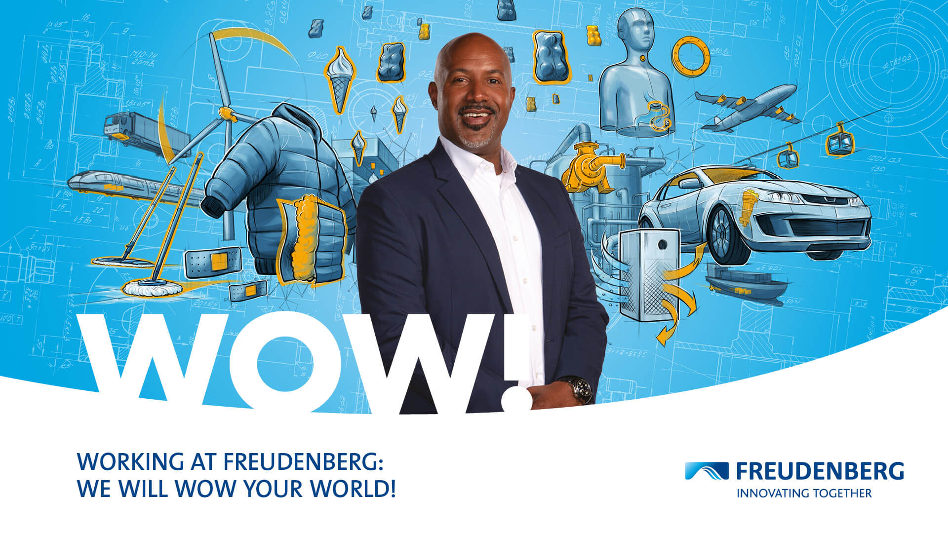 Blue graphic with many colourful elements in the Background and the Portrait of a male Person in a black suit in the centre