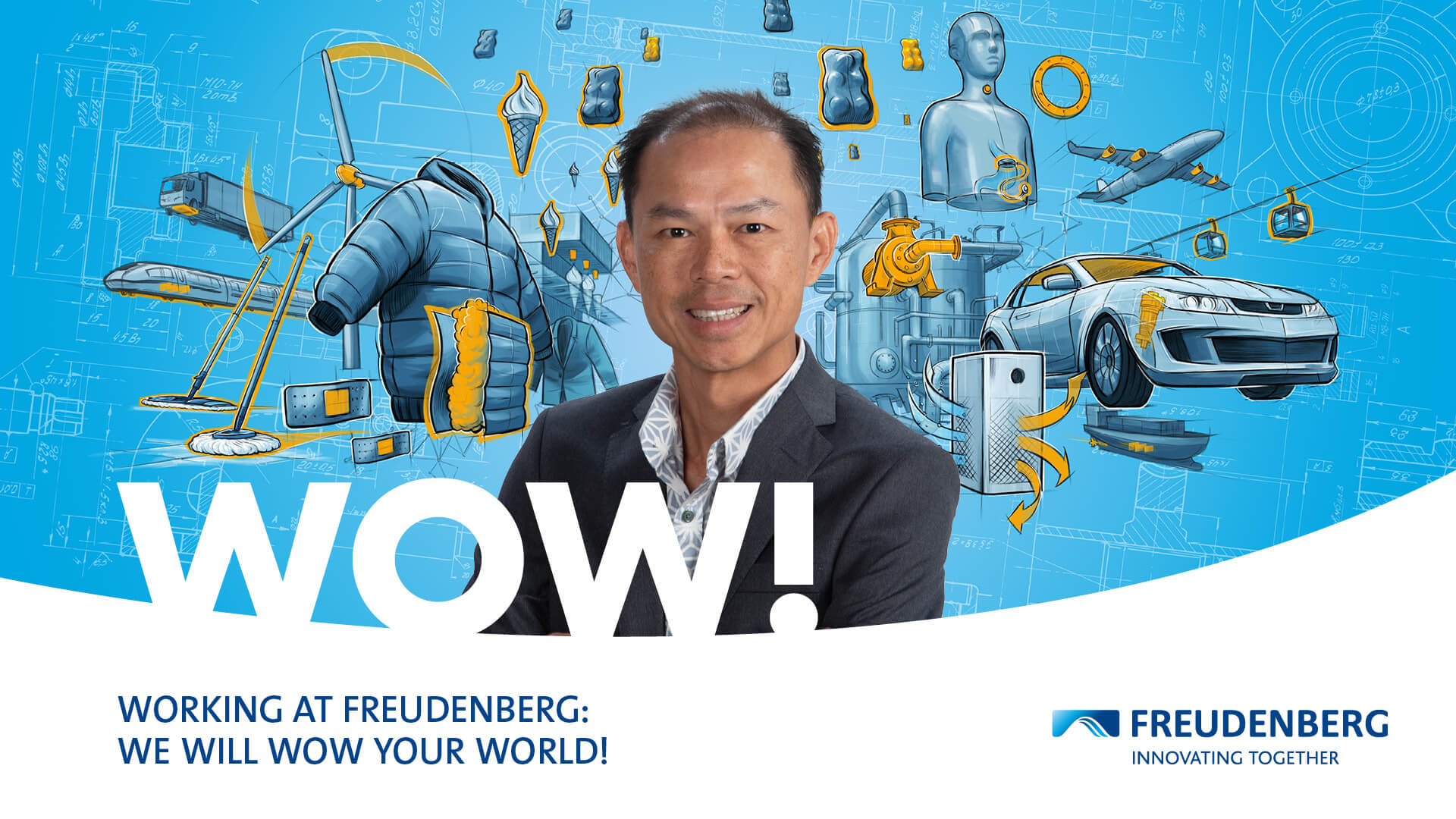 Blue graphic with many colourful elements in the Background and the Portrait of a male Person in a black suit in the centre