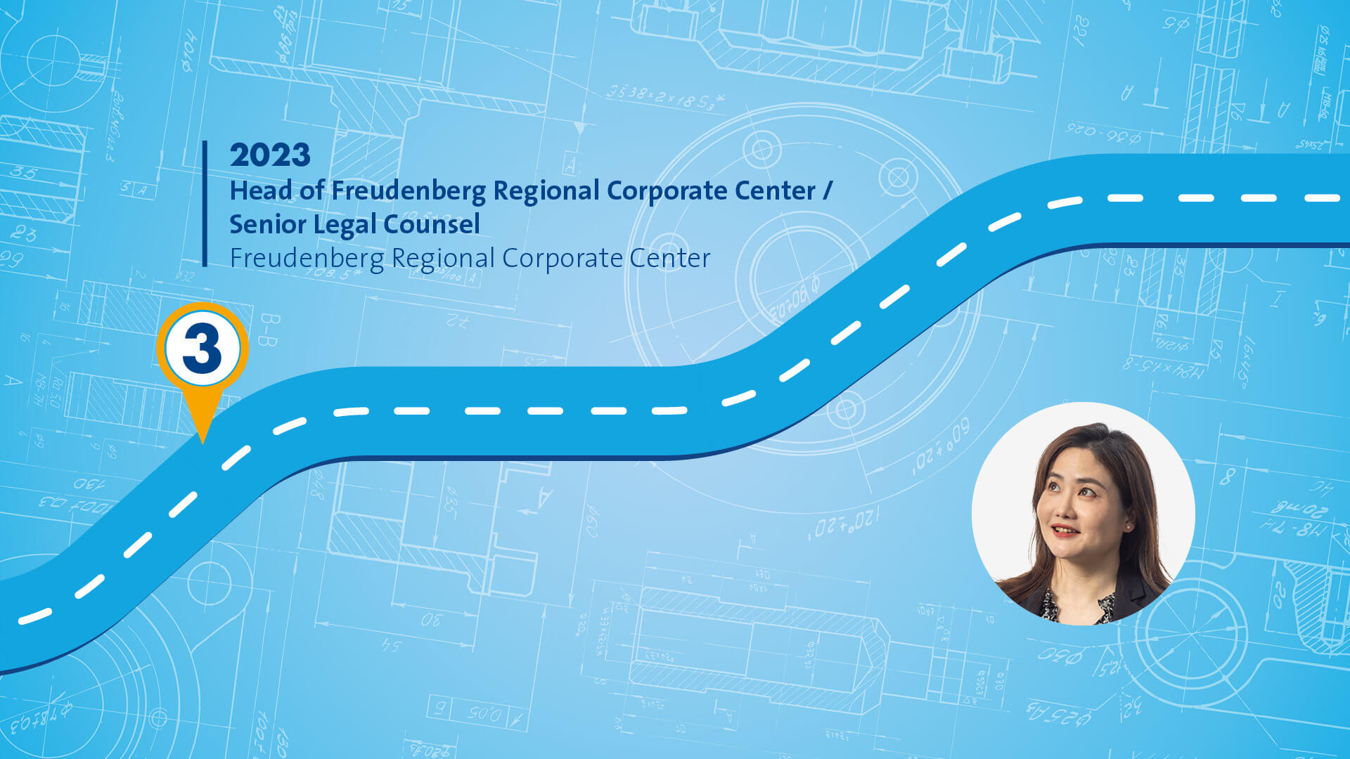 Blue graphic that symbolizes a path with different stops along the way. The portrait of a female person in a black blazer is displayed on the right