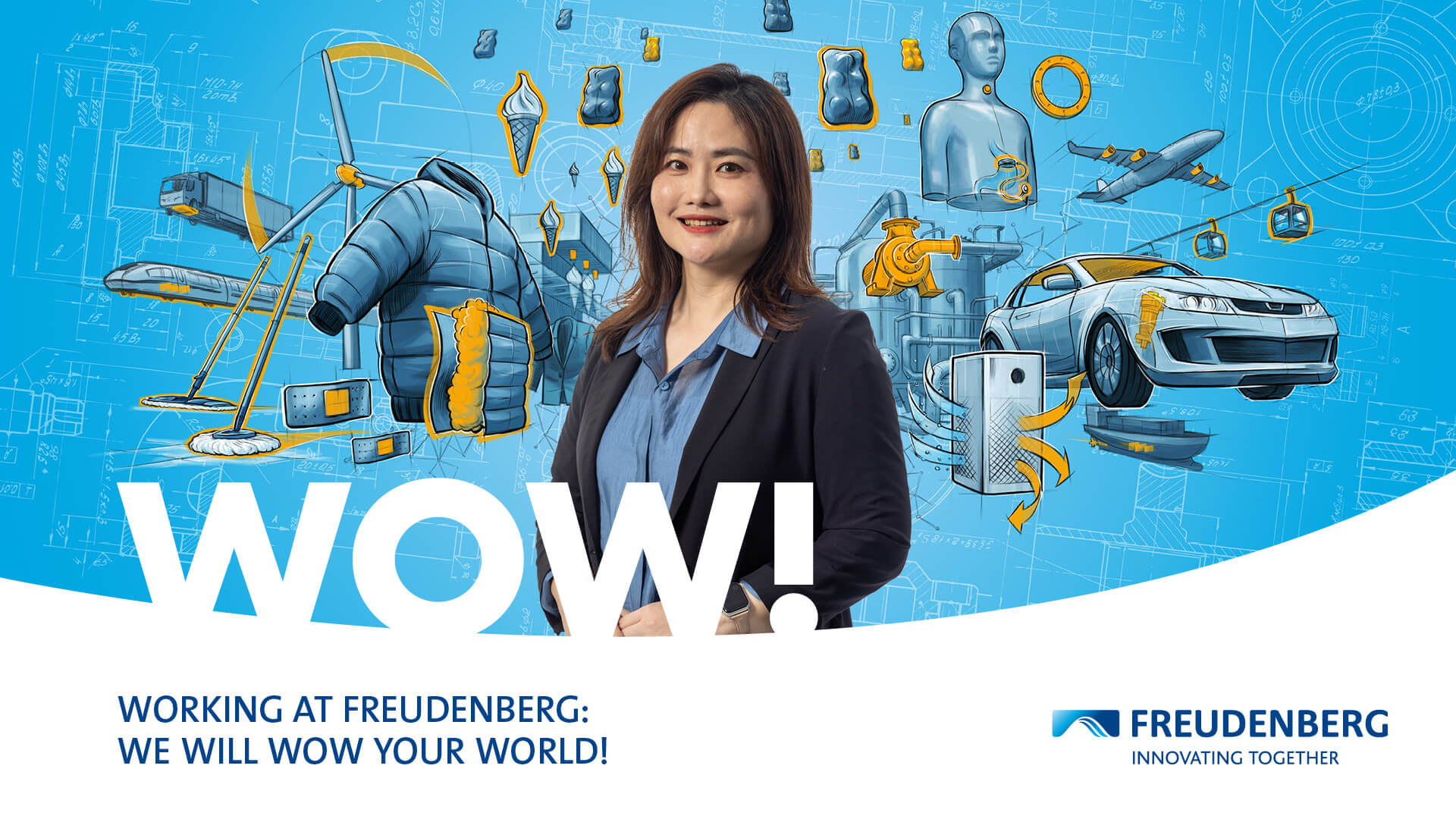 Blue graphic with many colourful elements in the Background and the Portrait of a female Person wearing a black Blazer and a blue blouse is displayed in the centre