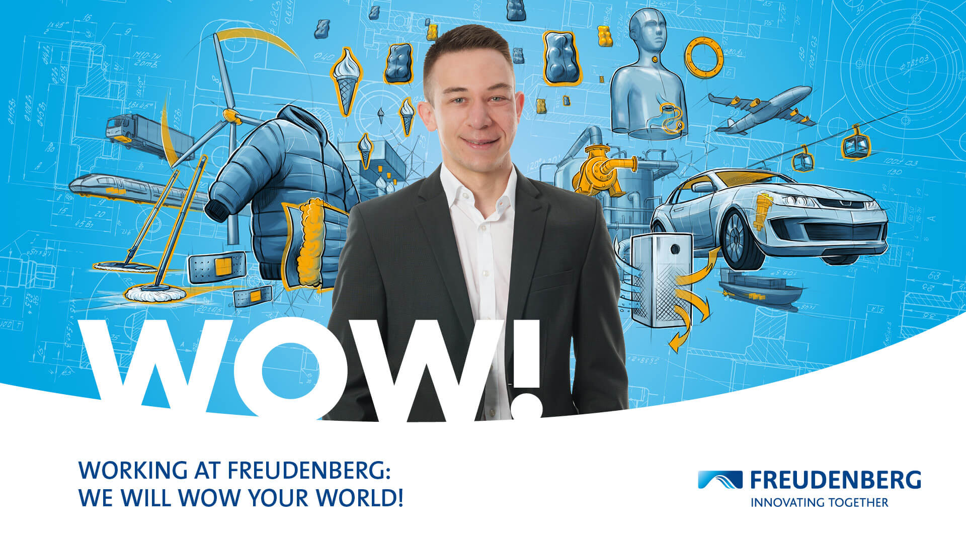 Blue graphic with many colourful elements in the Background and the Portrait of a male Person in a black suit in the centre