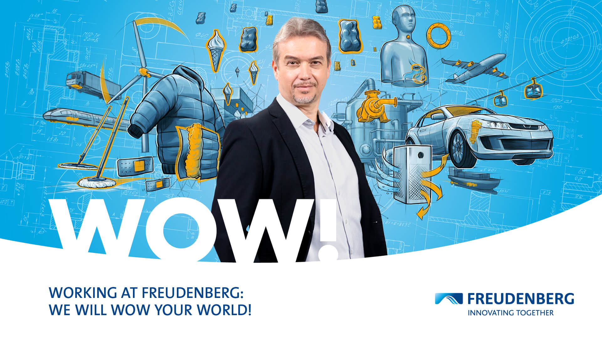 Blue graphic with many colourful elements in the Background and the Portrait of a male Person in a black suit in the centre