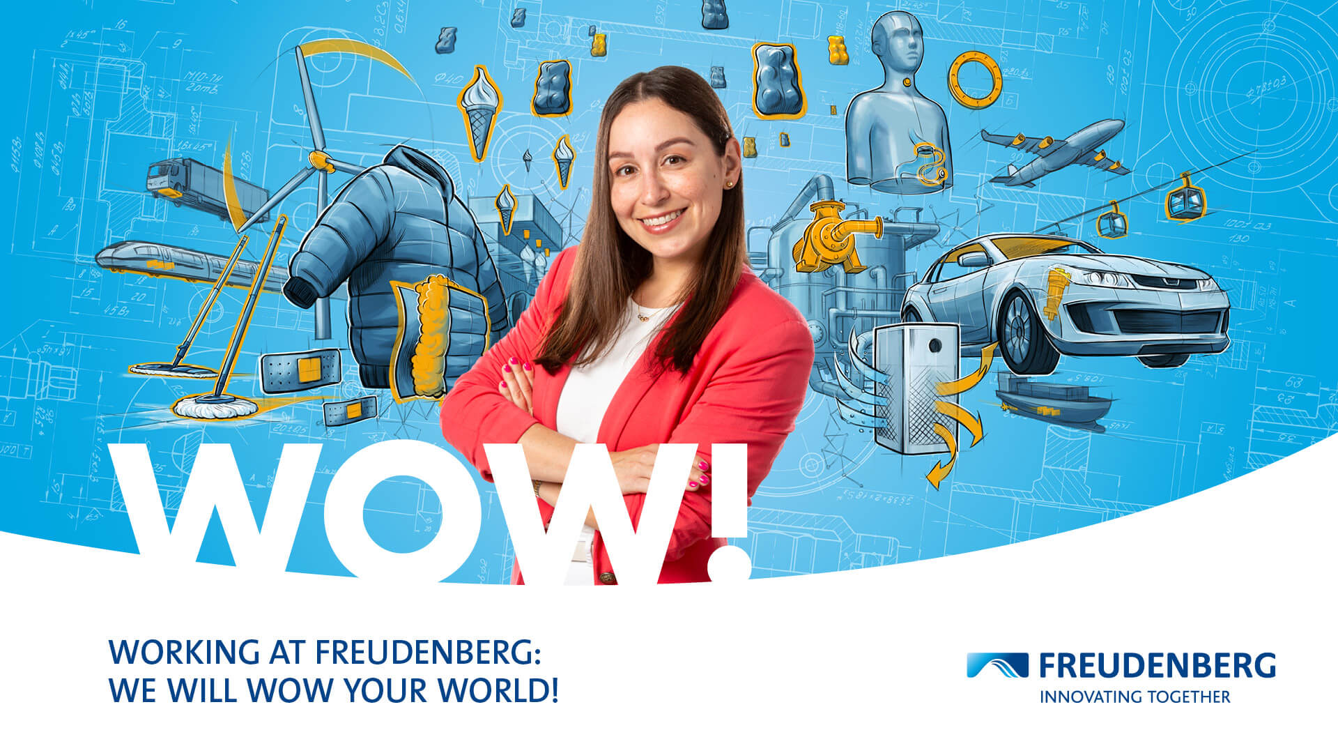 Blue graphic with many colourful elements in the Background and the Portrait of a female Person wearing a White Shirt and a red blazer in the centre