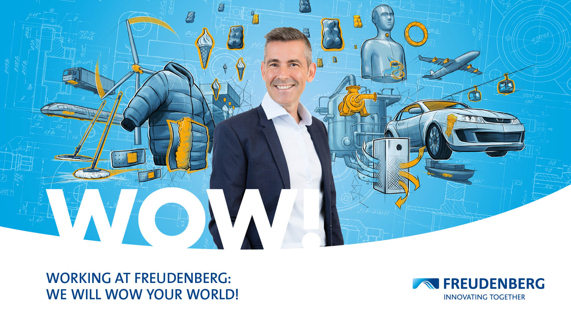 Blue graphic with many colourful elements in the Background and the Portrait of a male Person wearing a White Shirt and a black blazer in the centre