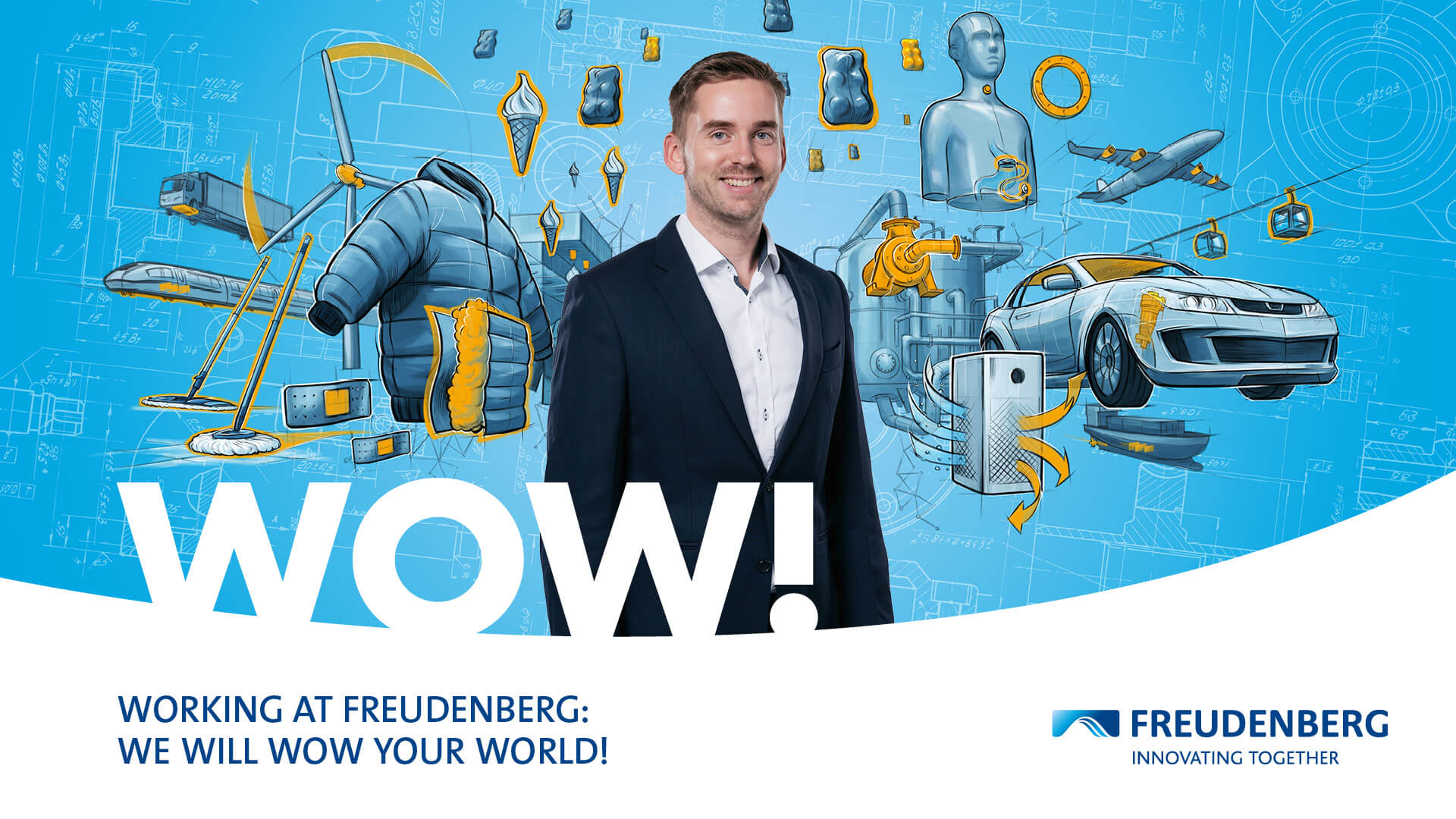 Blue graphic with many colourful elements in the Background and the Portrait of a male Person wearing a White Shirt and a black blazer in the centre