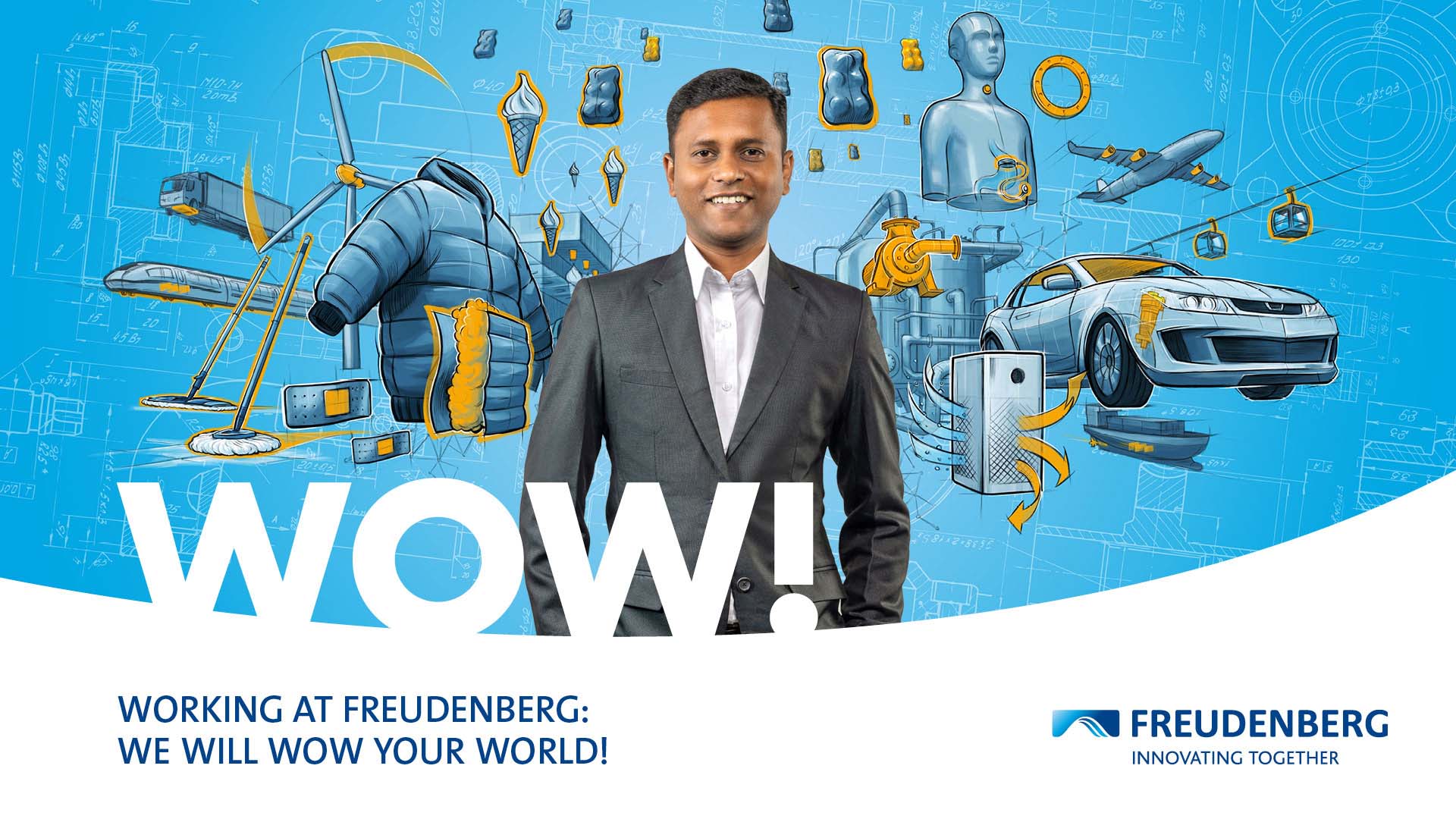Blue graphic with many colourful elements in the Background and the Portrait of a male Person wearing a white Shirt and a grey suit in the center