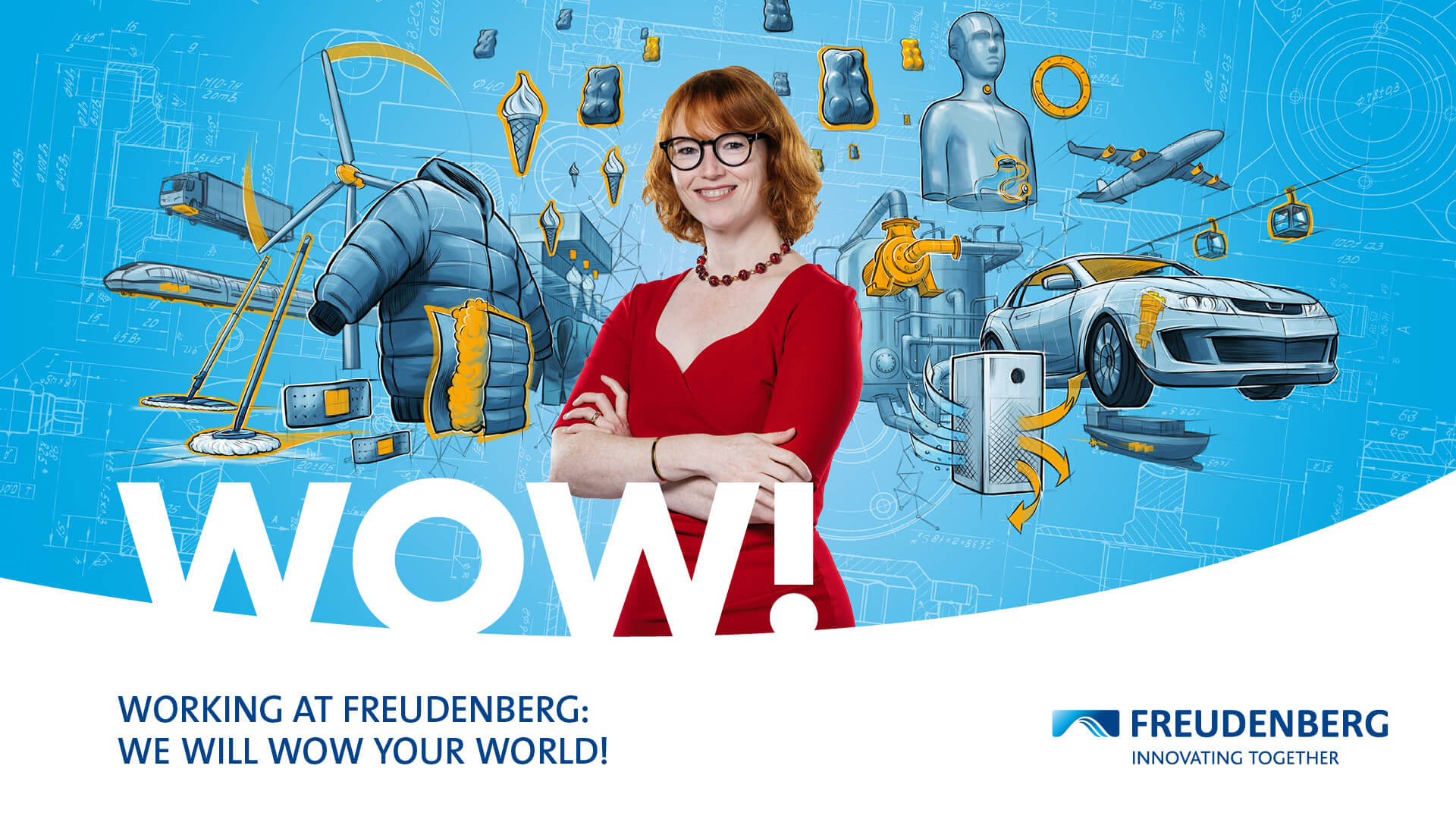 Blue graphic with many colourful elements in the Background and the Portrait of a female Person wearing a red Dress, black glasses and a red Pearl necklace in the center