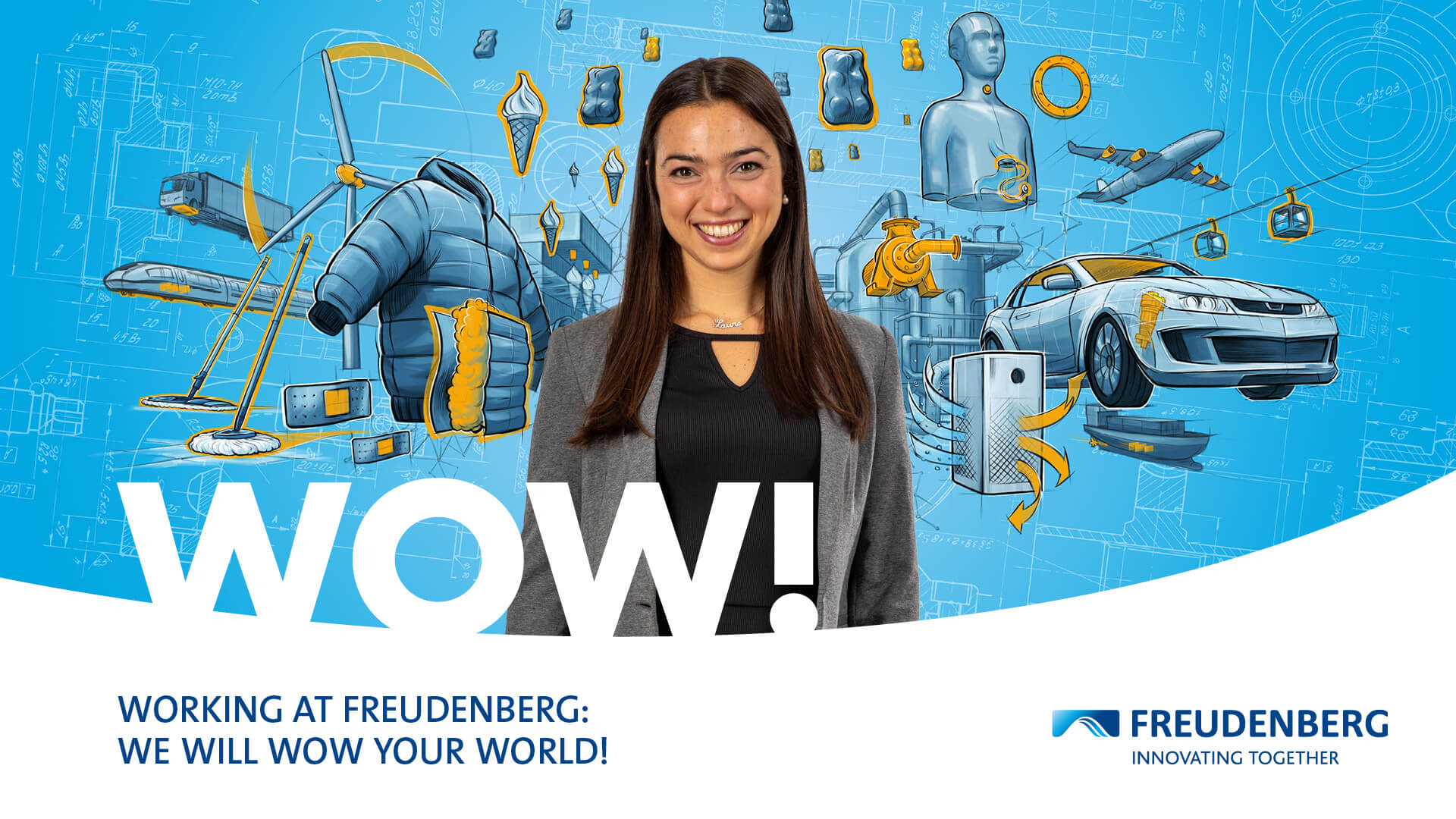 Blue graphic with many colourful elements in the Background and the Portrait of a female Person wearing a black blouse and a Grey blazer in the center