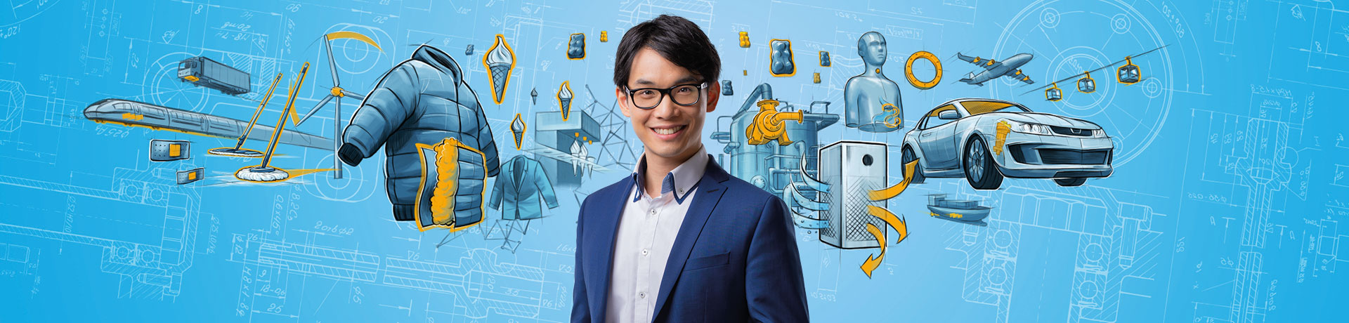 Blue graphic with many colorful elements in the background and in the middle of the picture a portrait of a friendly young man wearing a white shirt and a blue jacket.