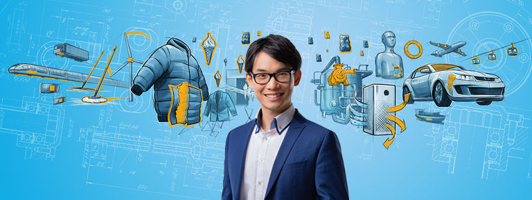 Blue graphic with many colorful elements in the background and in the middle of the picture a portrait of a friendly young man wearing a white shirt and a blue jacket.