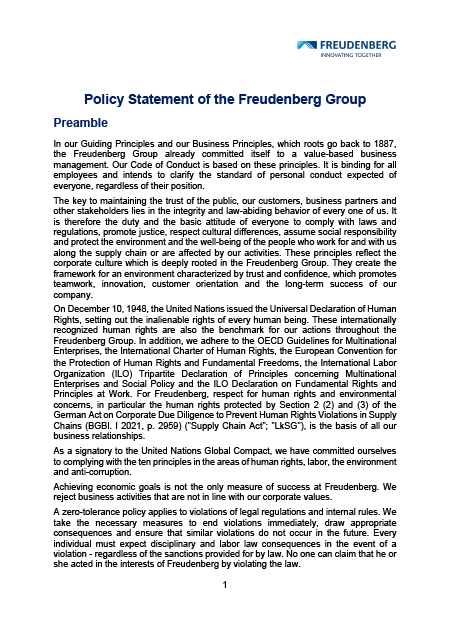 Policy Statement of the Freudenberg Group Policy Statement of the Freudenberg Group