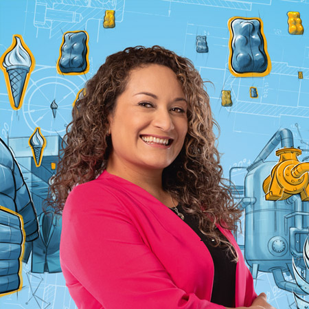 Discover your career opportunities at Freudenberg a smiling woman with curly brown hair in front of a light blue background with various scribbled items