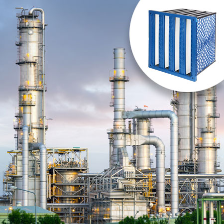 Picture of an industrial plant with the product picture of a blue cassette filter in the right corner