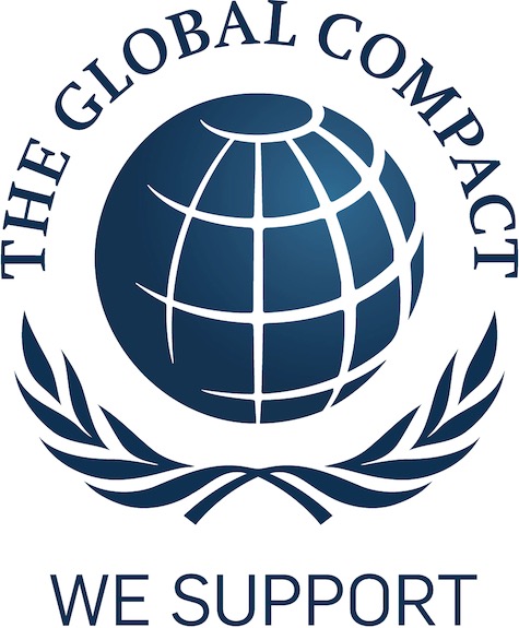 Blue symbol of a globe with the words “the global compact” above it