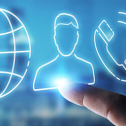 Picture shows a finger tipping on a white icon that symbolizes a person with a blue background