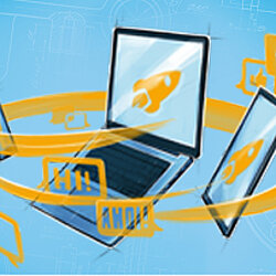 Illustrated graphics of several electronic devices against a blue Background