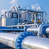 Eine Industrieanlage mit zwei großen Stahlrohren im Vordergrund