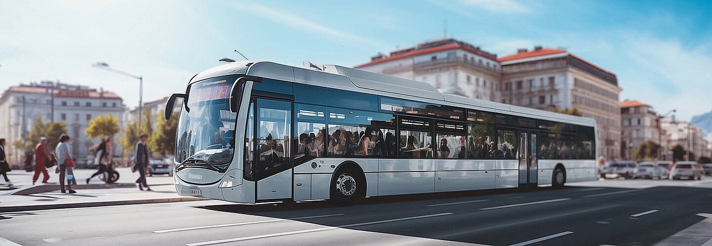 an electric bus driving through a City