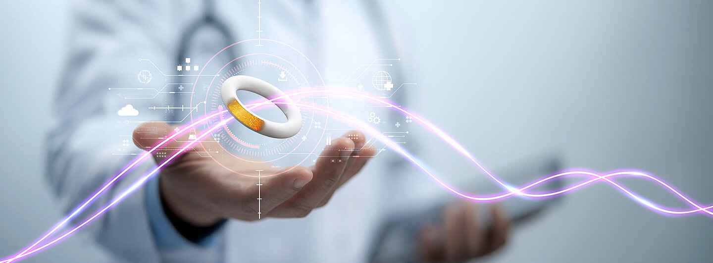 Smart silicone from Freudenberg Medical with 3D lines and man in lab coat in the background