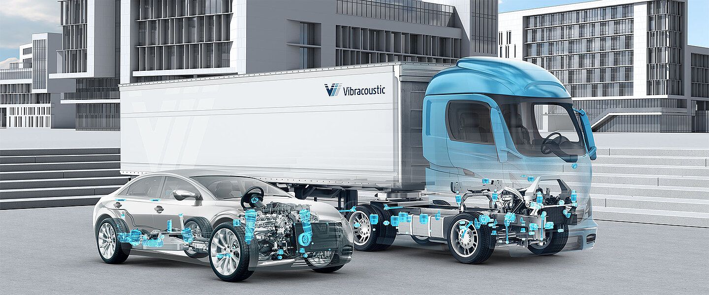 The picture shows a truck and a car, with individual components of both devices highlighted in blue