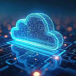 Light blue cloud symbol in the center, surrounded by dark blue background