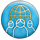 International opportunities Blue background with white icons that symbolize people and a yellow icon that symbolizes a globe