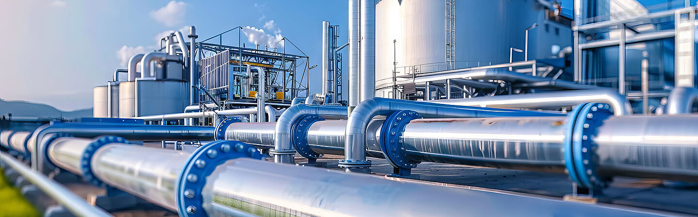 Large industrial plant with metal pipelines and tanks for Hydrogen.