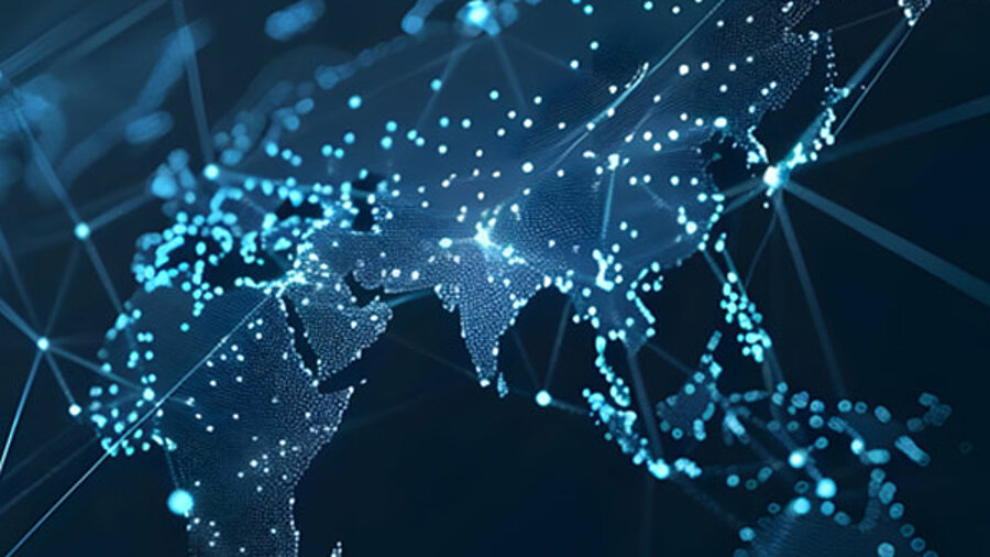 Animation of the world map with bright blue dots and connecting lines