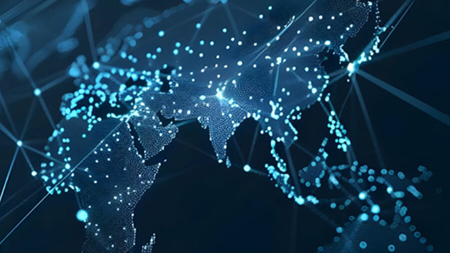 Animation der Weltkarte mit hellblauen Punkten und Verbindungslinien