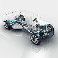 3D mock-up of a car, highlighting specific parts of the engine