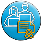 Personal development Blue background with white icons that symbolize two people and a certificate