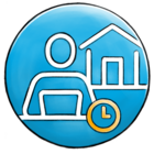 Flexible Work models Blue background with white icons that symbolize a person and a house