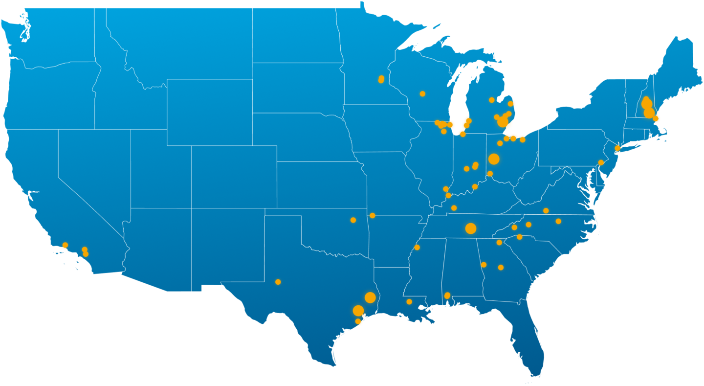 Karte der USA, auf der die Freudenberg-Standorte in den Vereinigten Staaten in Form von gelben Punkten visualisiert sind