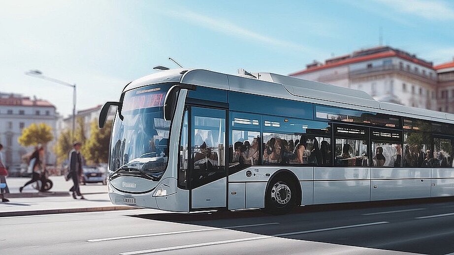 an electric bus driving through a city