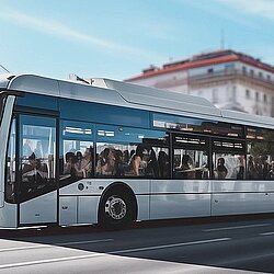 an electric bus driving through a city