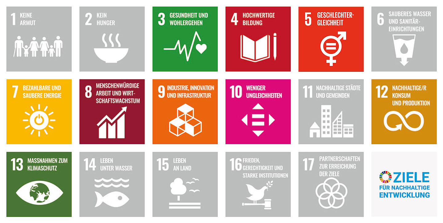 Illustration, zeigt das Engagement von Freudenberg der 17 Ziele für nachhaltige Entwicklung (SDGs).