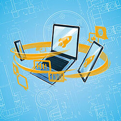 Illustrated graphics of several electronic devices against a blue background