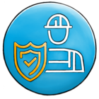 Safe environment Blue background with white icons that symbolize a person and a shield