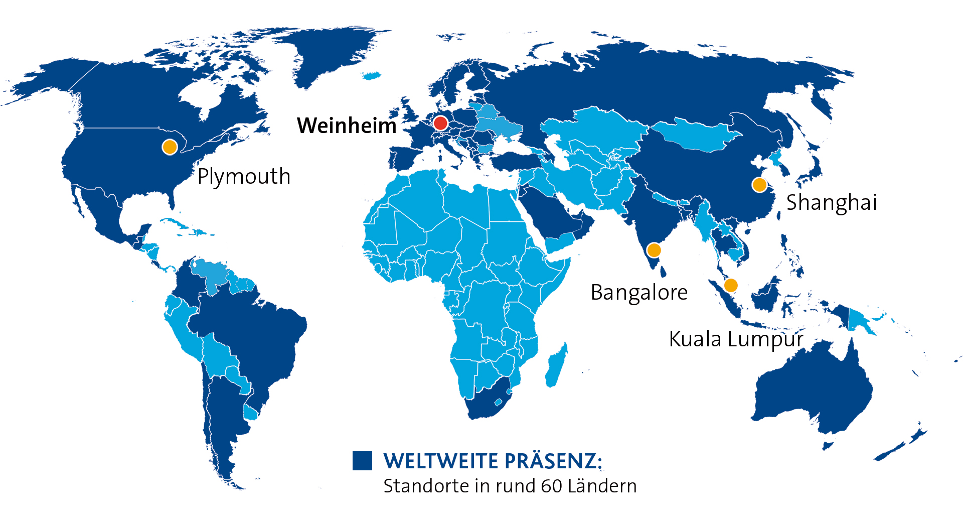 Weltkarte zeigt Freudenbergs globale Präsenz mit großen Standorten in Plymouth, USA; Weinheim, Deutschland; Bangalore, Indien; Kuala Lumpur, Malaysia und Shanghai, China