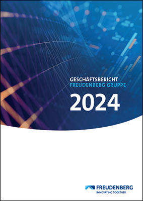 Deckblatt des Geschäftsberichts 2024 der Freudenberg Gruppe mit Logo und grafischem Hintergrund